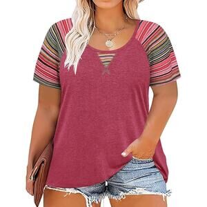Plus Size 2XL Color Block Raglan T-Shirt Women Crewneck Short Sleeve Tunic Tee
